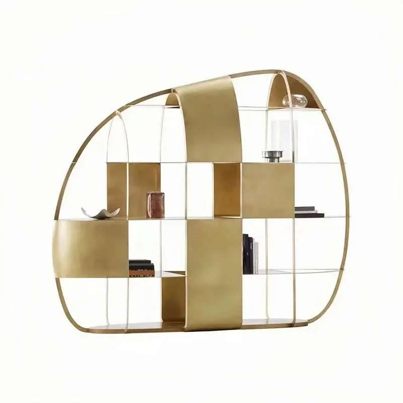 Metal bookshelf floor-to-ceiling, modern light luxury high-end, villa stainless steel display, display shelf