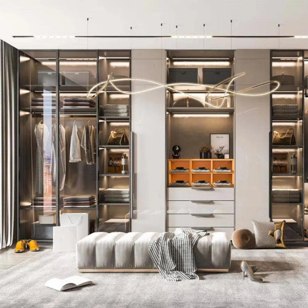 Luxury Customized Modular Built in Wooden Walk in Wardrobe Closet with Mirror