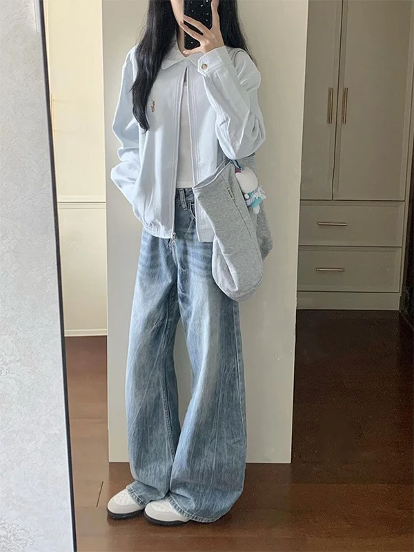 

Прямые джинсы с высокой талией, женские осенние новые свободные широкие брюки светлого цвета в пол, повседневная одежда в стиле ретро