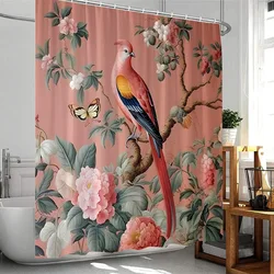 Birds Shower Curtain Elegant Home Decor for Bathroom Flowers Blossom Branched Floral Pink Polyester Bathtub Curtain with Hooks