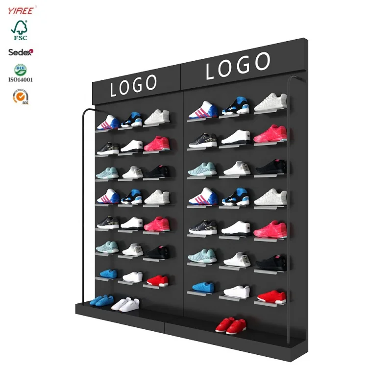 Custom. modern custom sports footwear logo steel frame black double wall mounted shoe display for retail shop