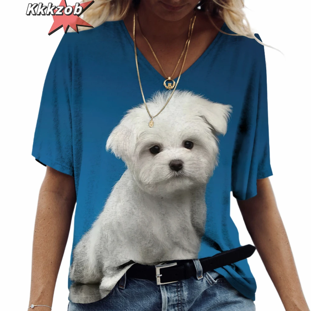 3D Print Pet Dog Summer Fashion 2024 Hot Sale Ladies T Shirt Short Sleeve Tops V Neck Streetwear Harajuku Casual Pullover