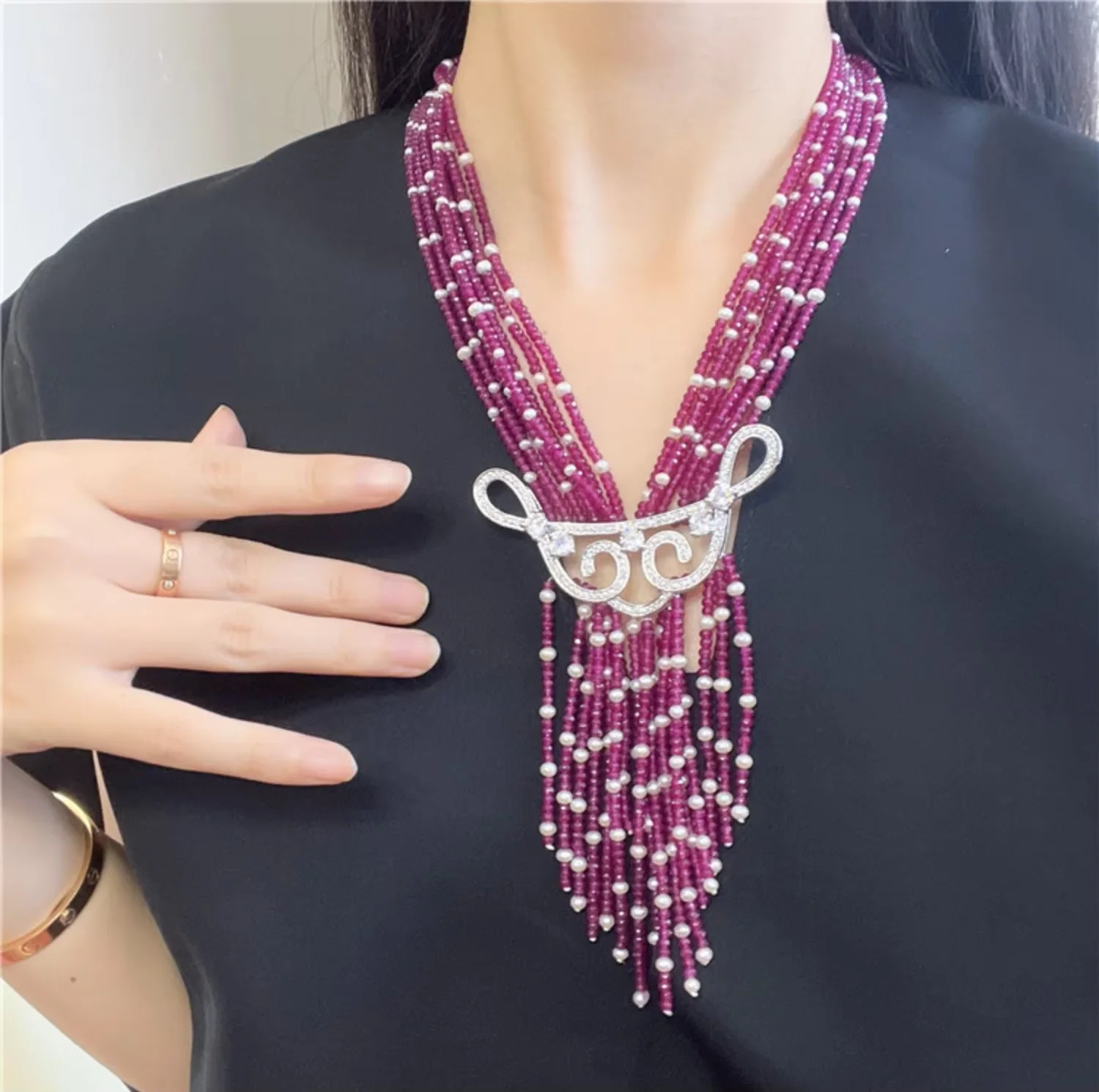 7 Rows Rose Crystal And White Pearl Silver CZ Crystal Connector Necklace Multi Strands Pendent Jewelry For Women