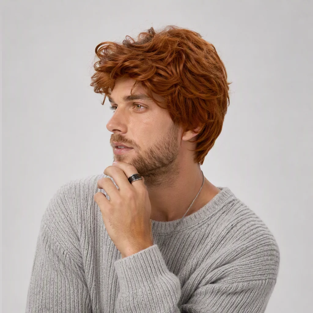 REEWES Men Wigs Short Red Orange Curly Wig Synthetic Natural Looking Layerd Wavy Hair For For Halloween Christmas Party Costume