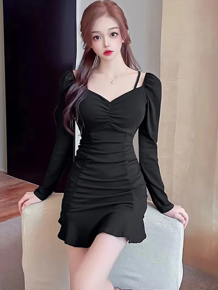 2024 Red Long Sleeve Chic Sling Sexy Mini Dress Women Elegant Casual Ruffled Prom Dress Autumn Korean Bodycon Dance Party Dress