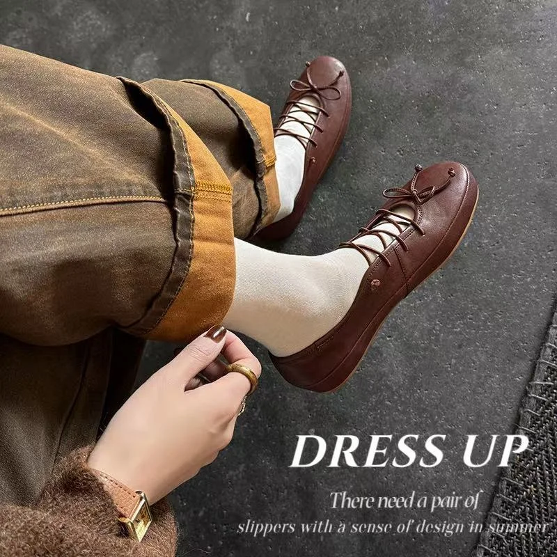 2026 new spring autumn women pumps natural leather 22-25cm cowhide+sheepskin+pigskin round toe lace-up low heel women shoes