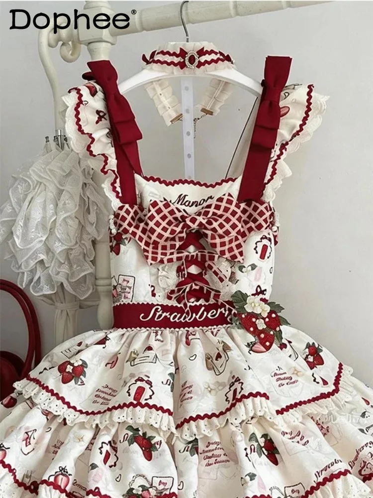 

Sweet Cute Doll Feeling Lolita Jsk Suspender Dress Japanese Original Strawberry Print Princess Fluffy Cake trailing dress