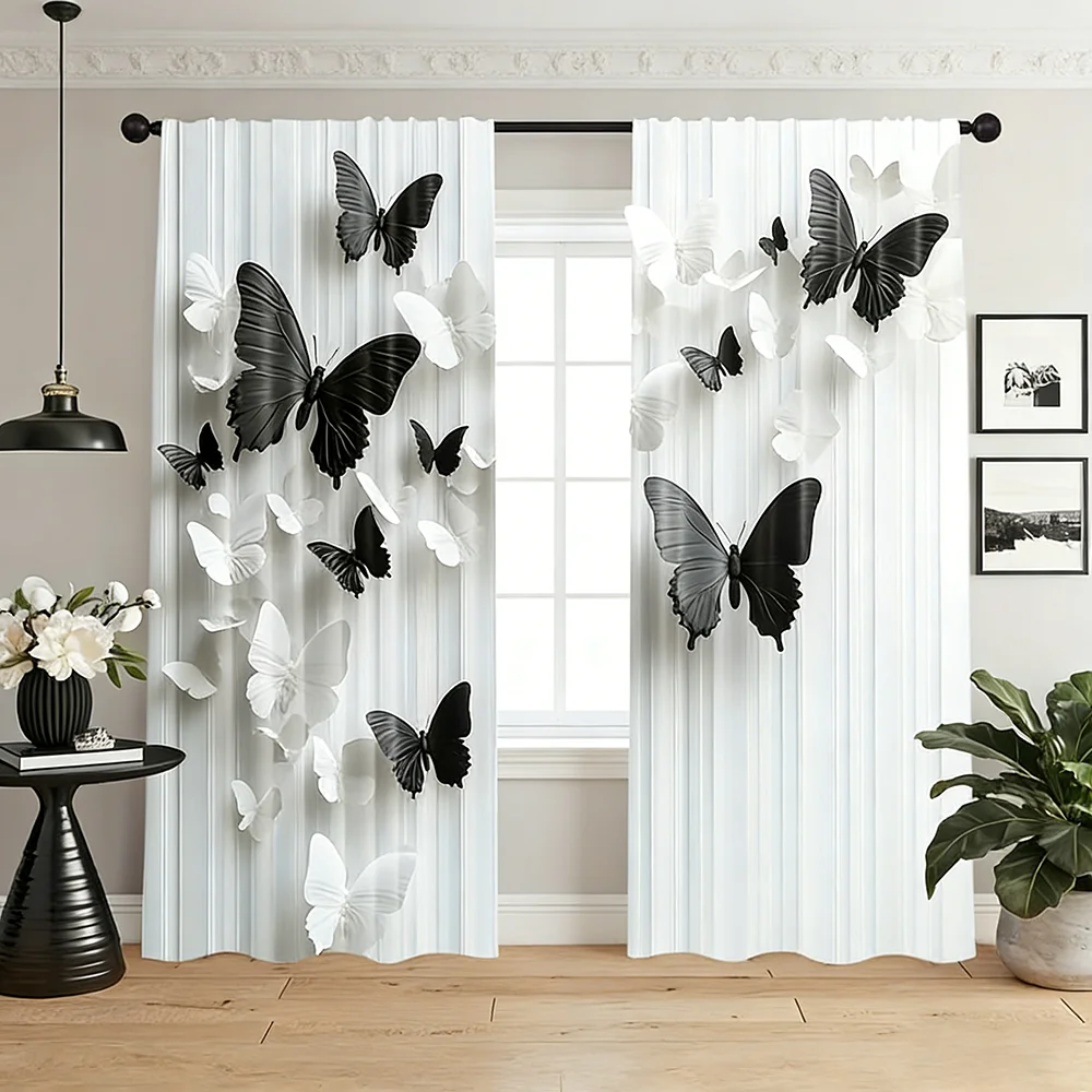 2PCS Digital Printed Curtains, Black White Butterfly Monochrome Gothic, Modern Home Decor Style for Living Room Bedroom Decor
