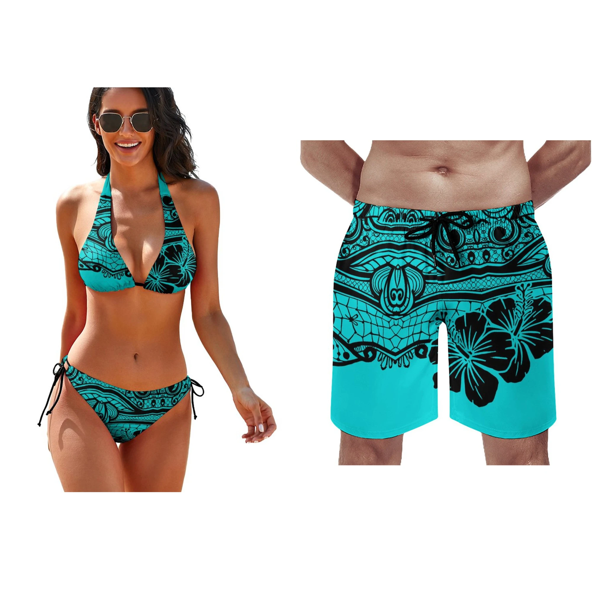 Sexy Bikini Custom Men's Beachwear Women's Bikini Couple Set Seaside Party Polynesia Printed Swimsuit Sports Shorts