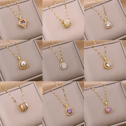 MEYRROYU Luxury Zircon Crystal Pendant Clavicle Chain Necklace For Women Stainless Steel Jewelry Female Wedding Party Accessorie