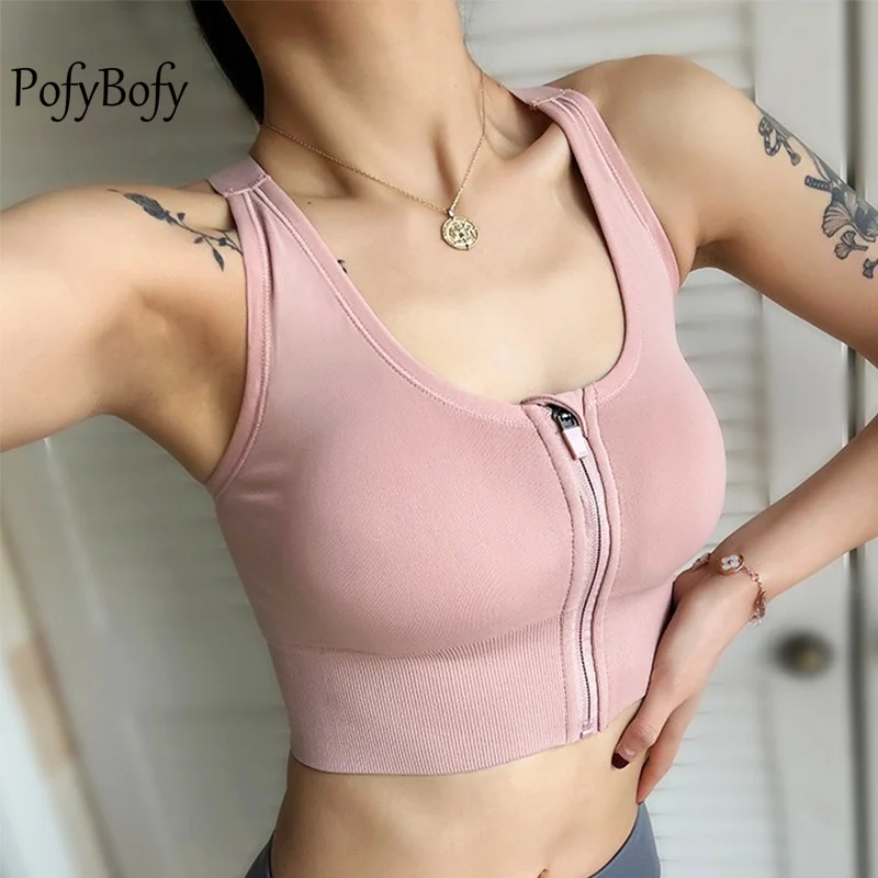 PofyBofy Removable Padded Crisscross Backless Front Zipper Sleeveless Yoga Bra Fitness Gym Elastic Crop Top Tank Top for Women