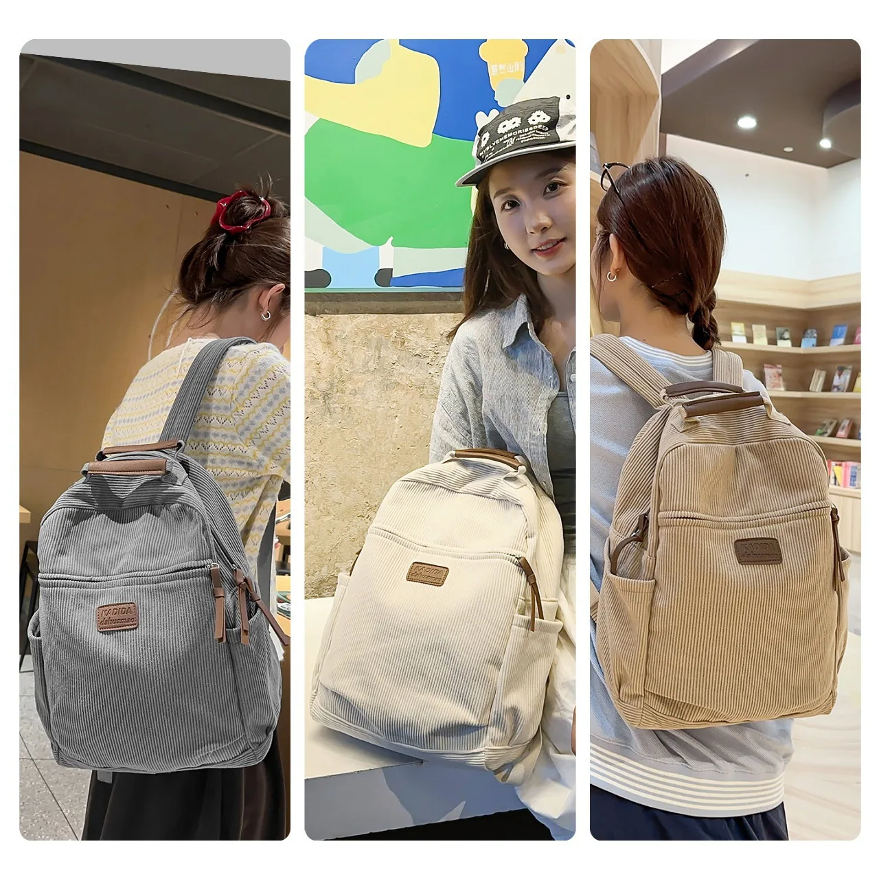 Striped corduroy student schoolbag, plain color, outdoor, men's travel computer backpack, women's large capacity backpack
