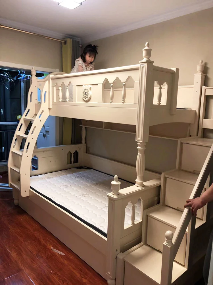 Solid wood white wax wood double decker bed, white upper and lower children's adult double decker high box mother bed