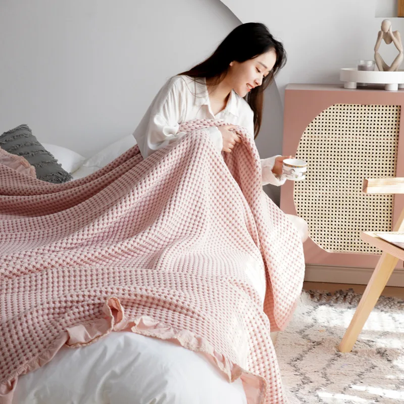 

100% Cotton Soft Bed Plaid Home Japenese Knitted Blanket Corn Grain Waffle Embossed Summer Ruffles Warm Plaid Throw Bedspread