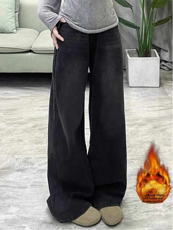 

High Waist Straight Leg Fleece Lined Thickened Women's Jeans Loose Wide Leg Floor Length Pants Slimming Effect Early Spring