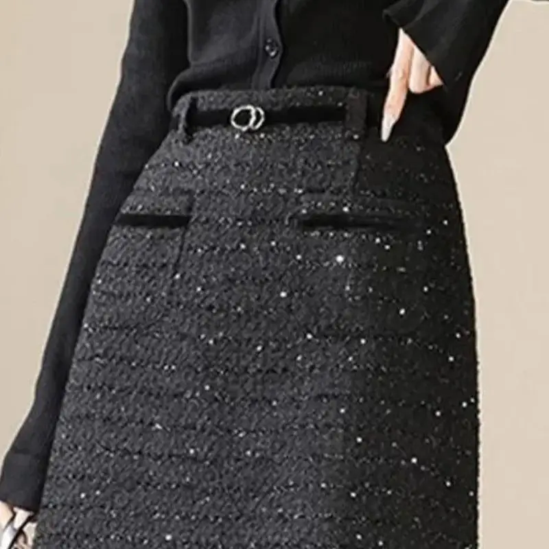 New Autumn Winter Tweed Skirt Women High Waist Fashion Sequin Patchwork Slim Elegant Mini Skirts Office Lady Short Jupe