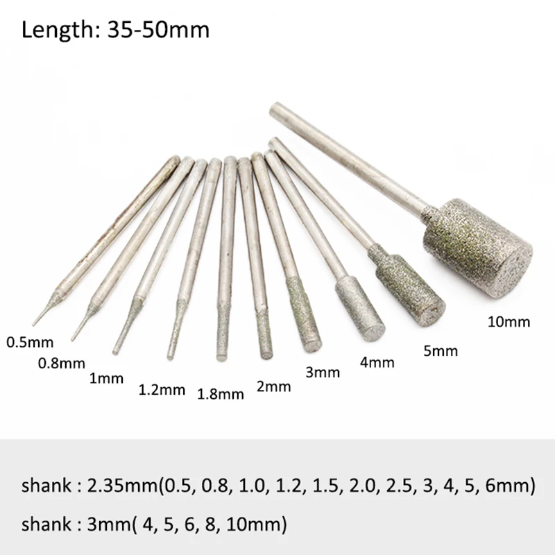 5Pcs 0.5-10mm Diamond Drill Bits 2.35/3mm Shank Flat Grinding Head Burr Polishing Engraving Bit for Dremel Rotary Tools A Needle