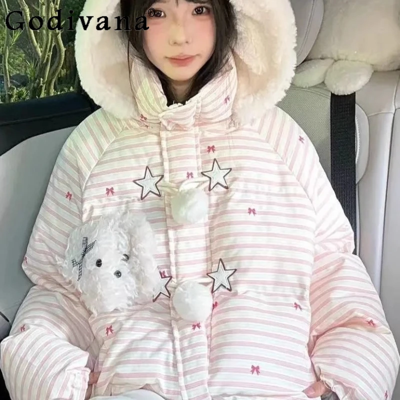 

Sweet Cute Bear Hooded Parkas for Women Striped Cotton Jacket Female Winter Students Thickened Warm Puffer Parkas Coat