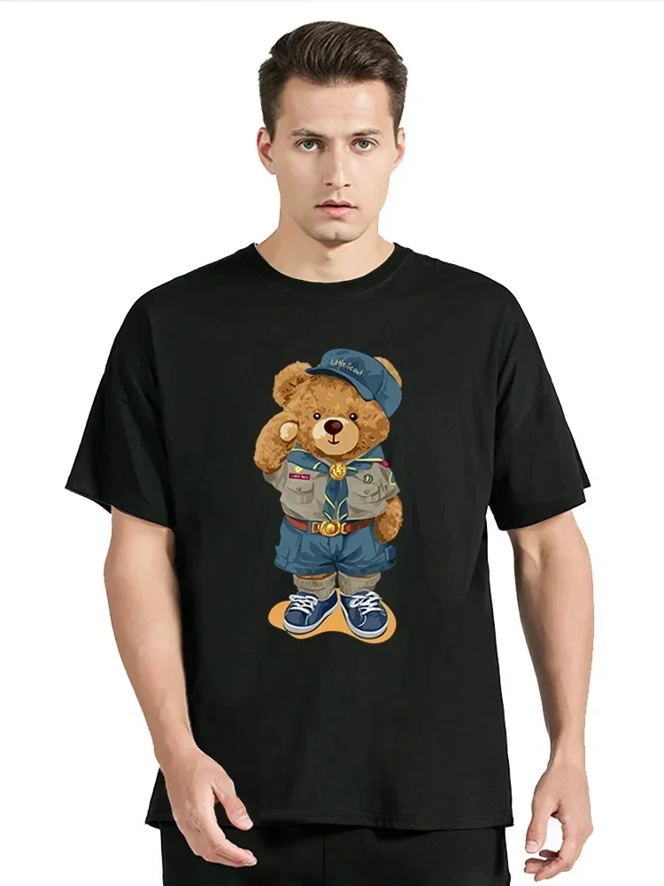 Cute Teddy Bear Salute Scoring Around Prints T Shirt Men Brand Tees Short Sleeve Retro Adult T-Shirt Summer Hip Hop Clothing