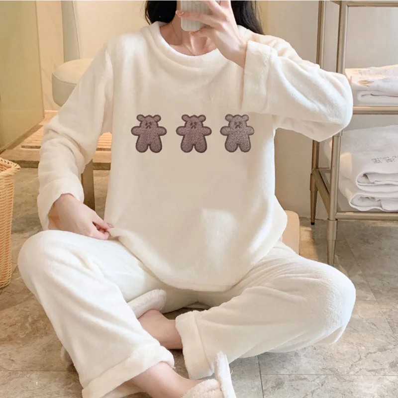 Thickened Warm Pajama Woman Winter O-Neck Home Wear Long Sleeve Plus Size Pajama Girl Cartoon Bear Cute Sleepwear Night Wear Xl