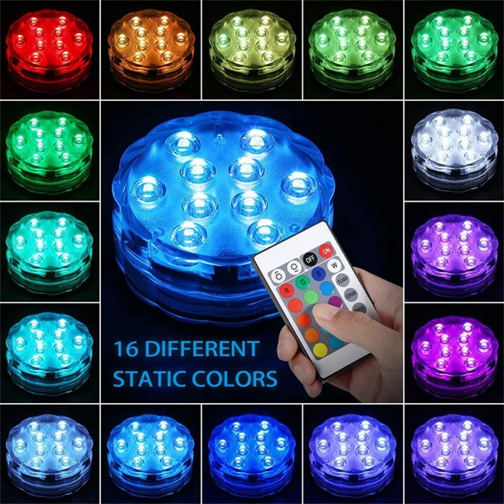 Waterproof Submersible Light with Remote Controller, RGB Lamps, 16 Colors, IP68, 10 LEDs, Decorative Lamp, Pond,Vase, 4 PCs