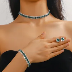 Luxury Necklace Earring Bracelet Sets Green Blue Silver Gold Color Crystal Necklace for Women Weddings Bride Jewelry Sets