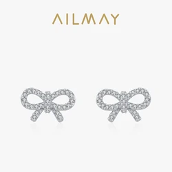 Ailmay Real 925 Sterling Silver Cute Elegant Bowknot Shiny CZ Stud Earrings For Women Girls Fine Jewelry Valentine's Day Gift