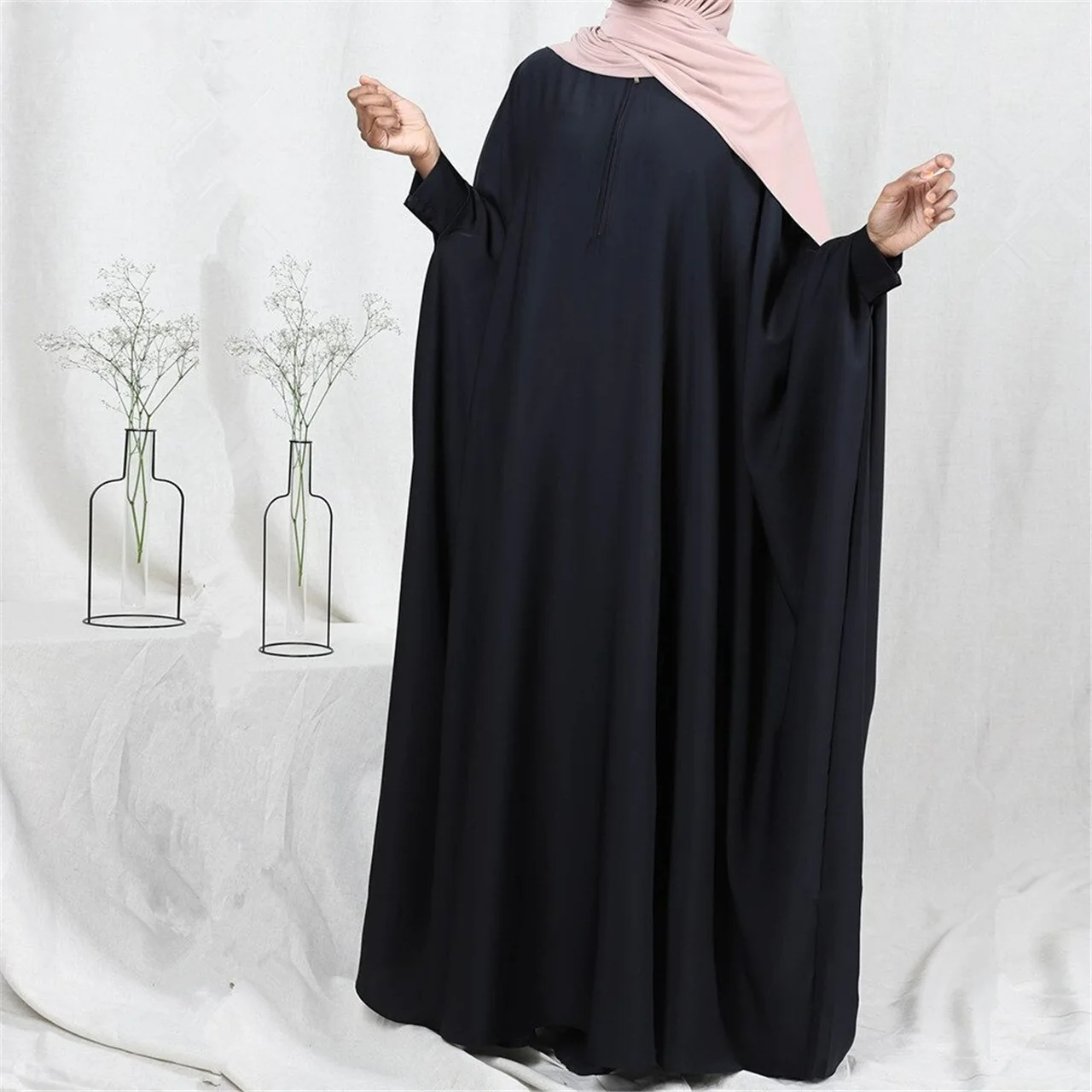 Arábia saudita médio oriente muçulmano moda preto manga morcego solto moda grande vestido roupas islâmicas feminino jilbab femme musulman