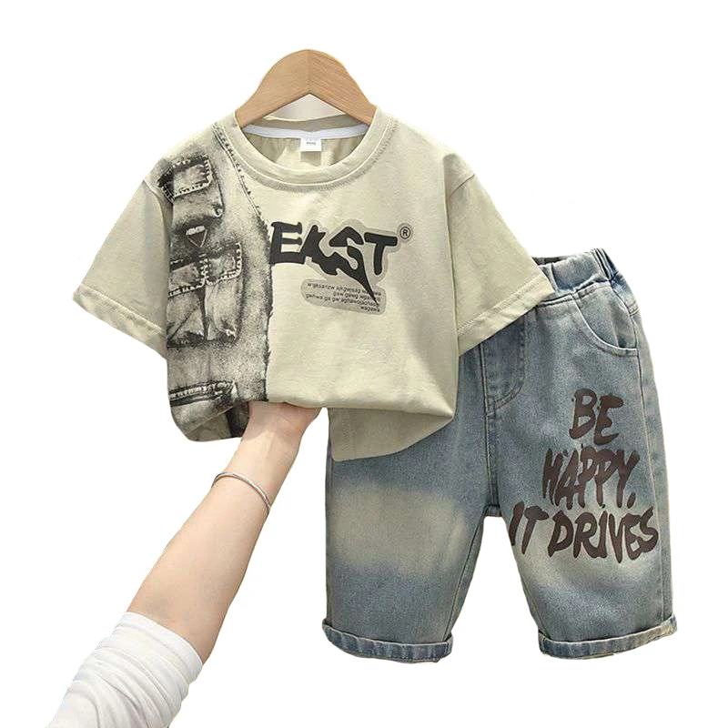 Jungen Sommer Kleidung Set Brief Drucken Kurzarm T-shirt + Denim Shorts 2 Stücke Anzug Für 2-8 Jahre Kinder Hübsches Casual Outfit