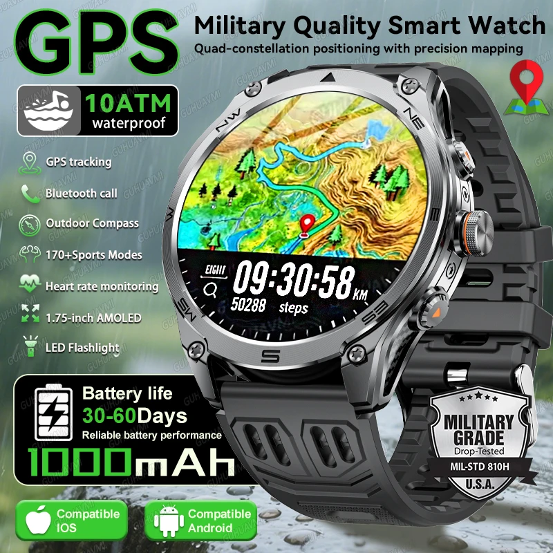 2026 New Military Dual-band GPS Sports SmartWatch 1000mAh Battery 1.75-Inch AMOLED Screen 10ATM Waterproof Flashlight Smartwatch