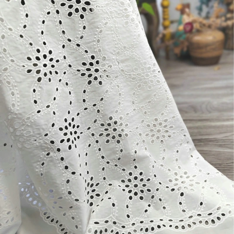 1meter 130cm Wide Embroidery Lace 100% Cotton Fabric Hollow Small Flower for Sewing Dress Clothes DIY Handmade Crafting view 3