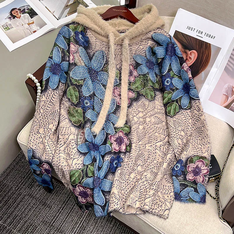 Women\'s Clothing Vintage Diamonds Hooded Sweaters Autumn Winter Loose Elegant Jacquard Knitted Pullovers Thick Soft Wool Top