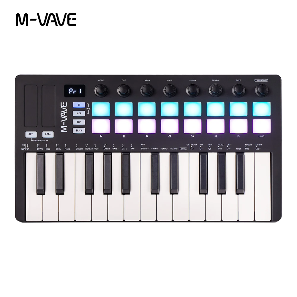 Clavier MIDI M-VAVE SMK-25 II Pro, 25 touches semi-lestées + 16 tampons RGB, 8 boutons de cartographie, logiciel de production musicale inclus