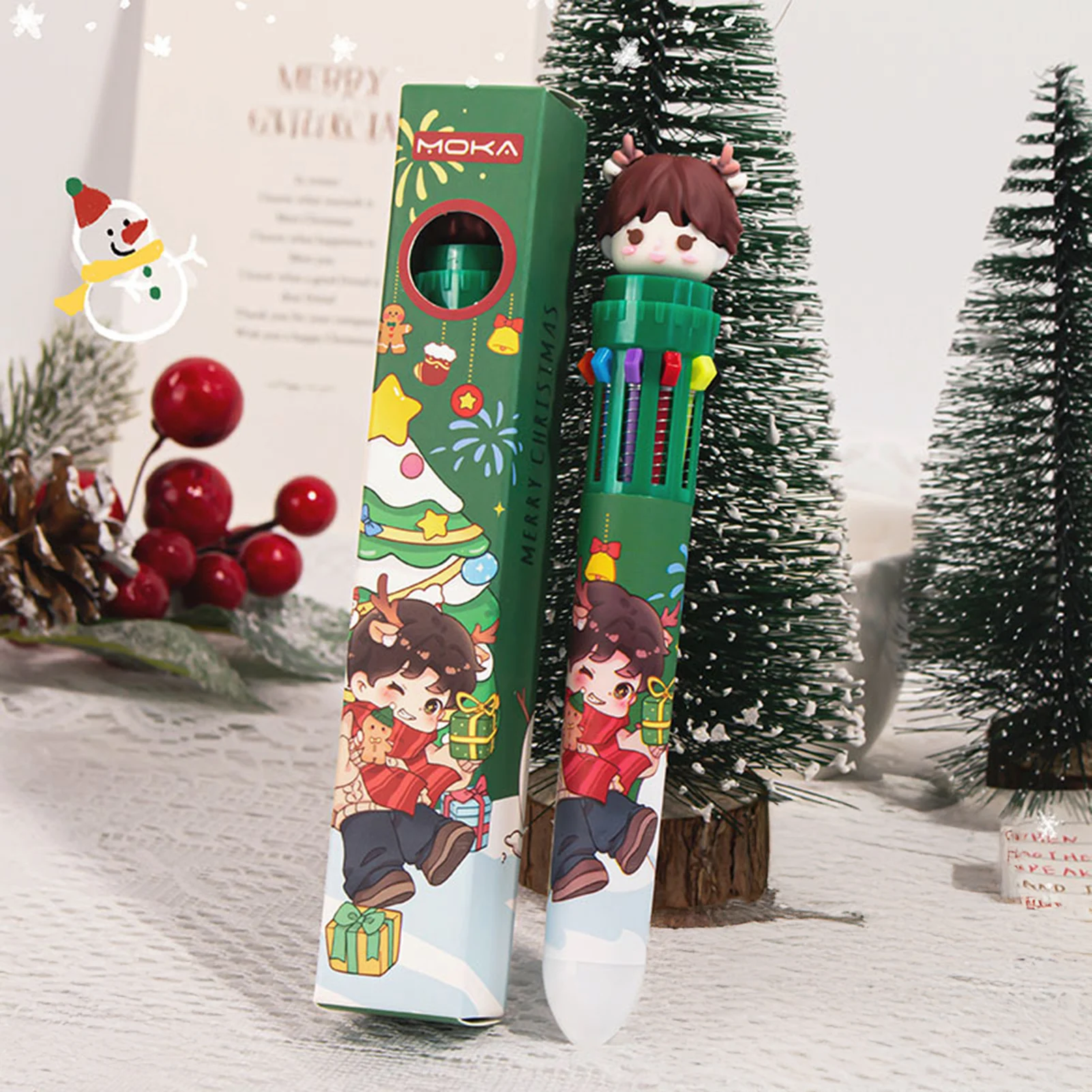10 Colors Press Style Ballpoint Pens Red/Green Color Christmas Cute Cartoon Girls Ballpoint Pen Multi-functional Writing Tools