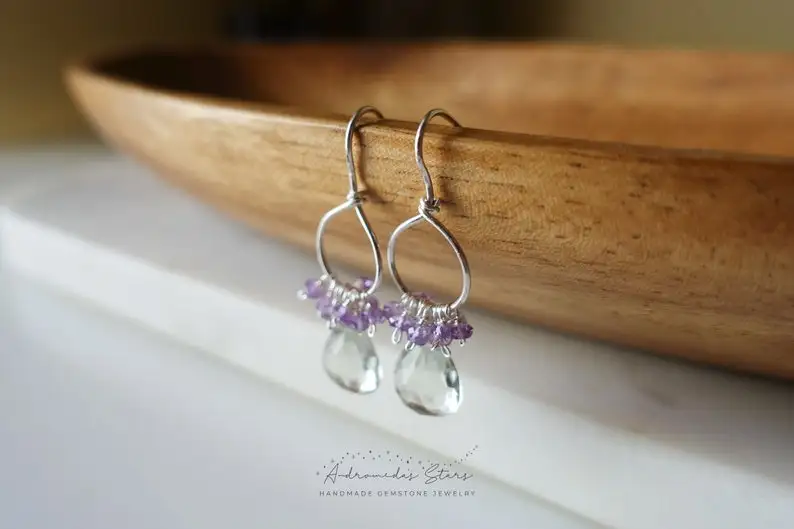 Green Amethyst Cluster Earrings, Sterling Silver Circle Earrings, Pink Amethyst Dangle Earrings, February Birthstone, Gemstone