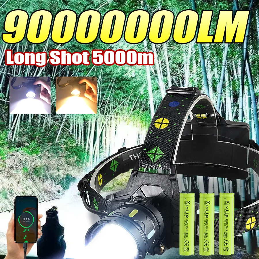 NEW 900000000LM Ultra Bright Headlight Rechargeable Powerful Headlamp Long Shot 5000M Head Torch Fishing Hunting 18650