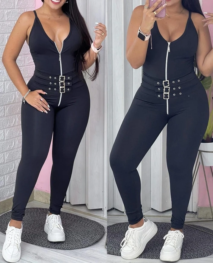 

Women's Jumpsuit Summer Casual Sexy V-Neck Sleeveless Eyelet Zipper Design Criss Cross Backless Buckle Belt Skinny Jumpsuit