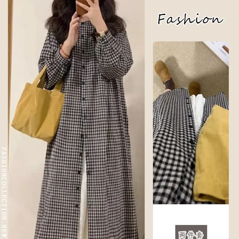 Japanese Mori Girls Style Loose Plaid Dress Suit Women Spring Summer Long-sleeved Blouse Dress Beige Skirt Vintage Two Piece Set