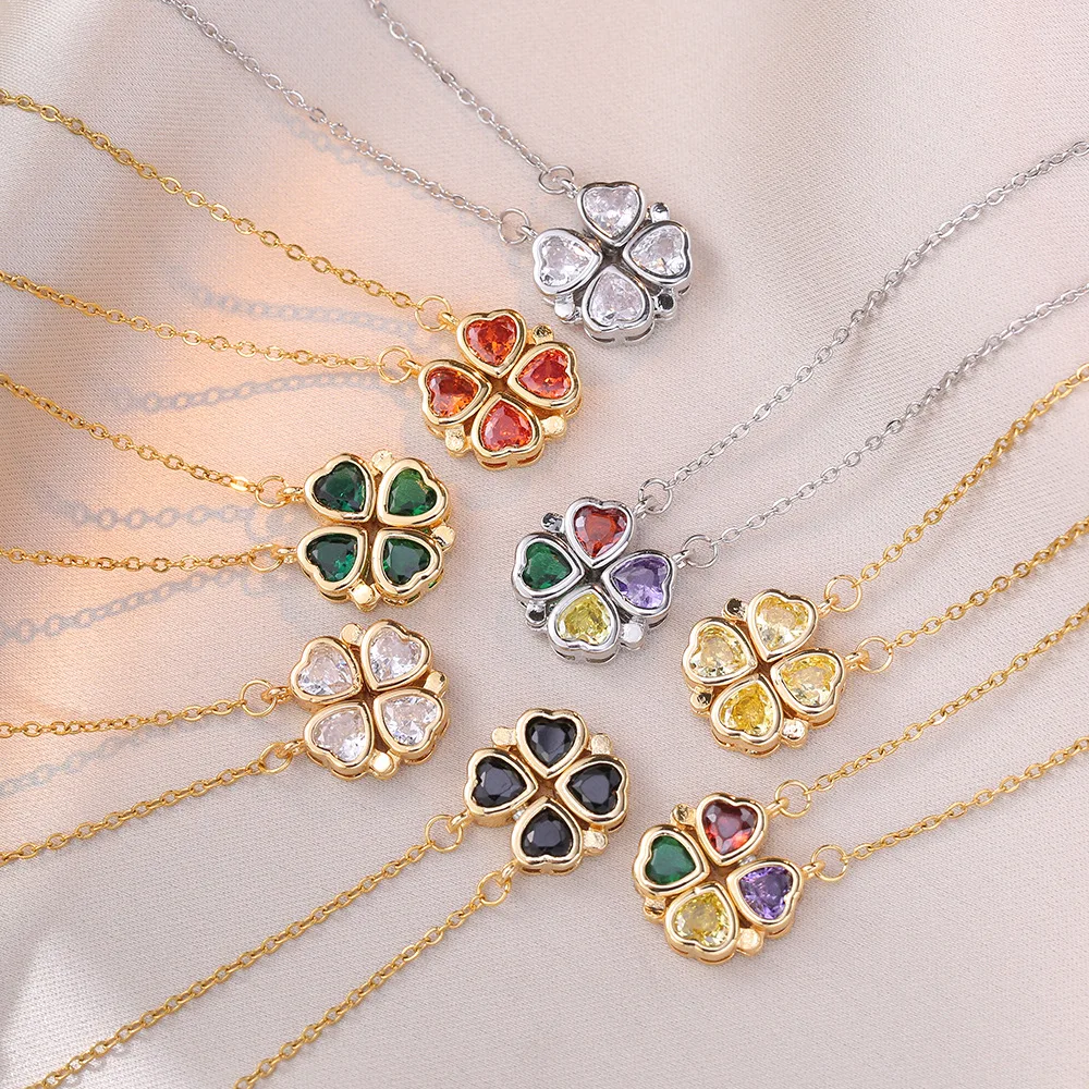 Elegant Stainless Steel Chain Classic Green Zircon Clover Pendant Necklace for Women Lady Vintage Jewelry Party Accessories