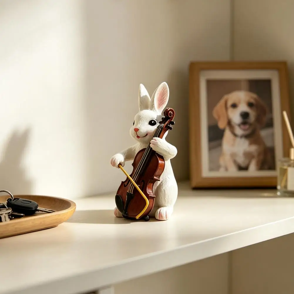 Decorative Flower Pot Accent Resin Statue Cute Rabbit Playing Violin Figurine Hand Painted Synthetic Resin Sculpture for Garden