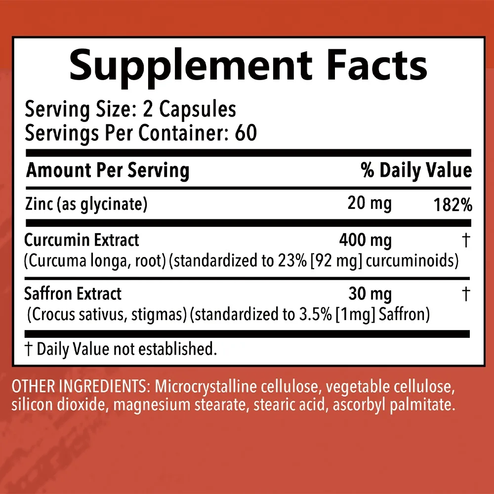 Saffron Flower Extract, Curcumin, Zinc Support Positive Mood Increase Memory,Focus & Clean Blood Vessels