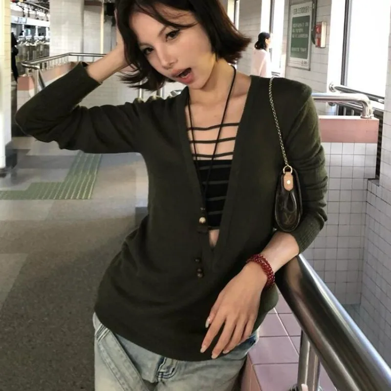 Deeptown Groene Vintage Hollow Out V-hals Vrouwen Truien Sexy Y2k Japanse Jaren 2000 Stijl Slanke Gebreide Truien Harajuku Gyaru