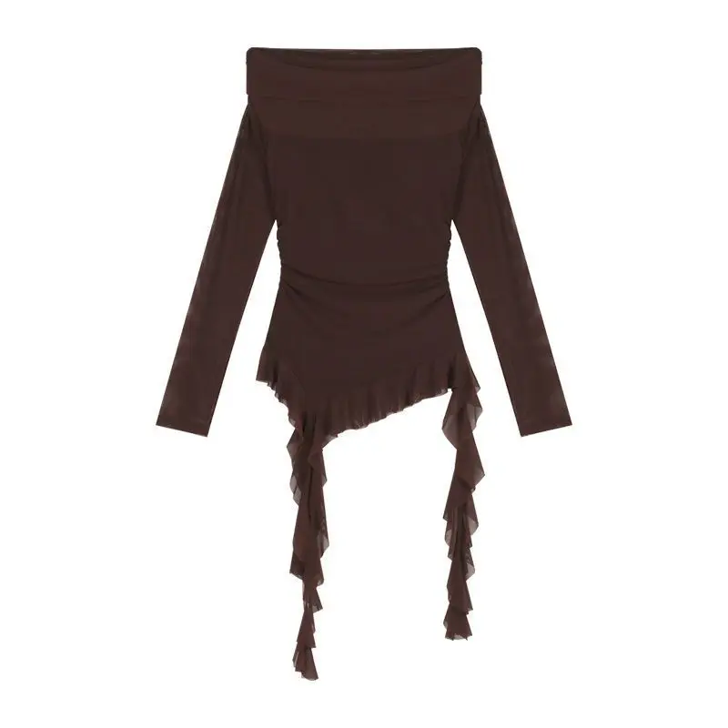 T-shirt en gaze pour femmes, Sexy, col Slash, épaules dénudées, esthétique, à volants irréguliers, Slim Fit, Grunge, Harajuku, Vintage, fée, Y2k