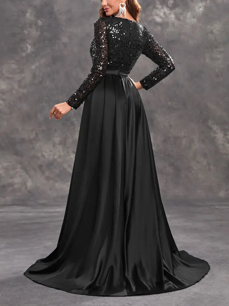 Dubai árabe preto mancha sereia mãe da noiva vestido longo sheer neck mangas compridas elegantes vestidos de noite baile de formatura dre