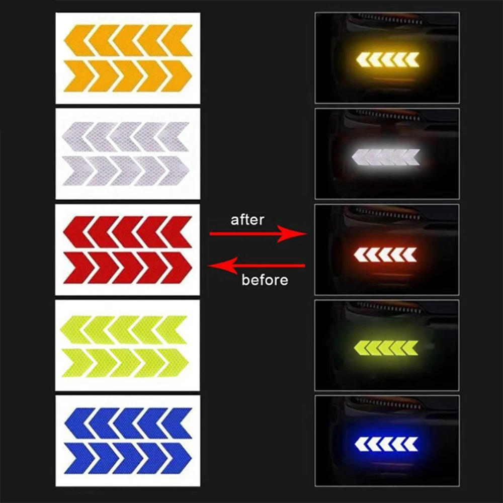 10 Pcs/Set Car Sticker Reflective Arrow Sign Tape Warning Safety Sticker Car Styling For Car Bumper Trunk Reflector Hazard Tape