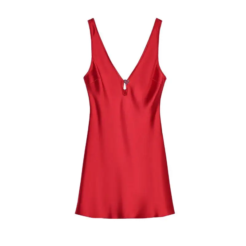 Wiosenna Nowa Damska Bluzka z Dekoltem w Serek, Ozdobiona Czerwonym Sercem, z Jedwabiu Satynowego, z Wysokim Stanem, Krój A-line, Letnia