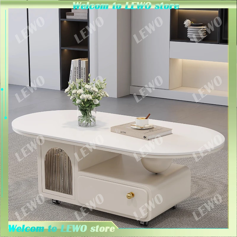 

Aesthetic Moving Coffee Table Notebook Minimalist Modern Oval Coffee Table Rotate Luxury Storage Mesa Centro House Accessories