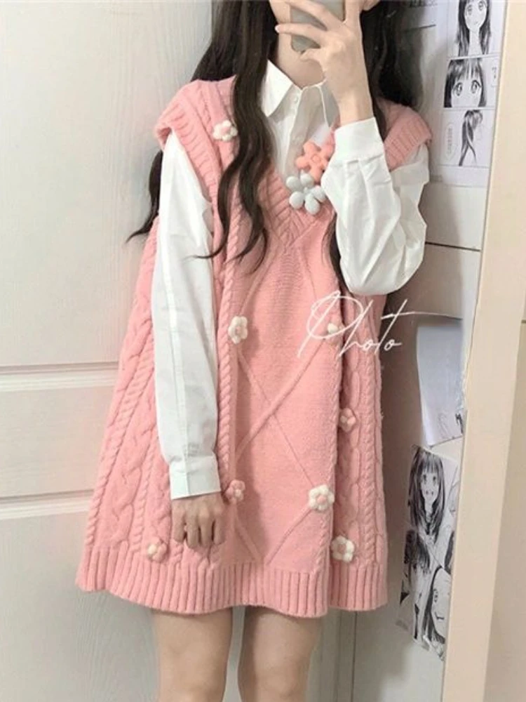 Sweater Vest Women Spring Knitting Sweet Lovely Floral V-neck Students Chic Popular All-match Korean Style Newly Hot Sale