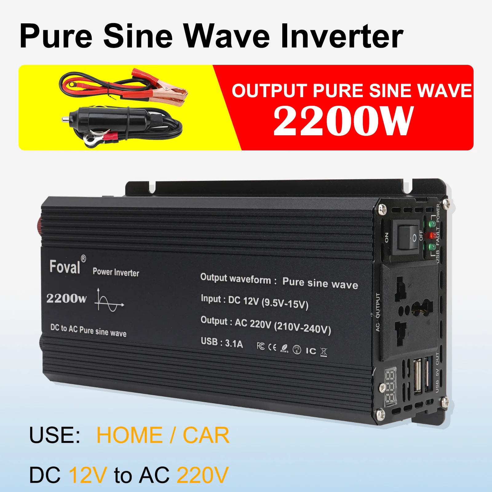 Pure sine wave inverter DC 12v/24v to AC 110V/220V 1000W 1500W 2200W Portable mobile power conversion solar car inverter