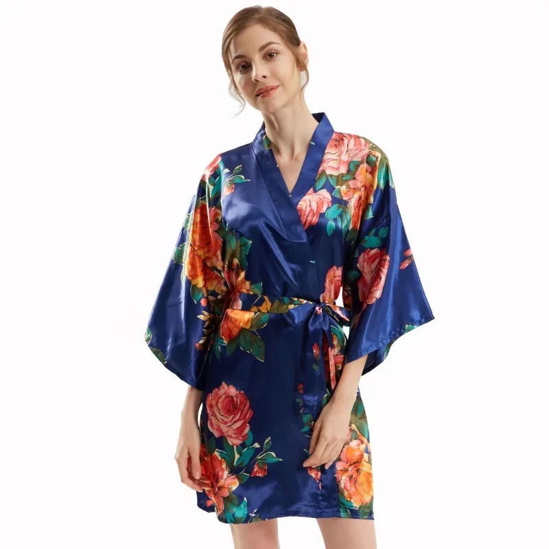 Silk Summer Cool Sexy Women's Plus Size Short Hand Painted Peony Nightgown Morning Gowns Cardigan Home Girlfriends Pajamas